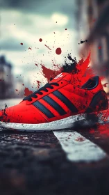 High-impact red running sneaker with splatter effects on street