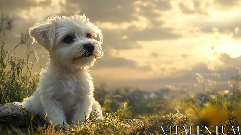 Small light-colored dog in grassy field at sunset.