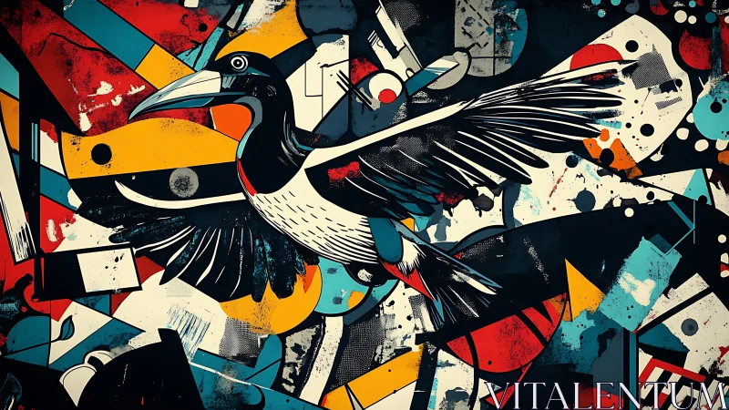 Stylized hornbill silhouette overlaps fragmented geometric forms