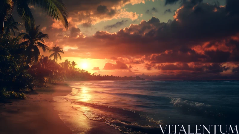 Tropical shoreline burns under saturated sunset sky glow.