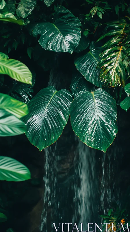 Rain-kissed jungle leaves curtain a whispering waterfall.