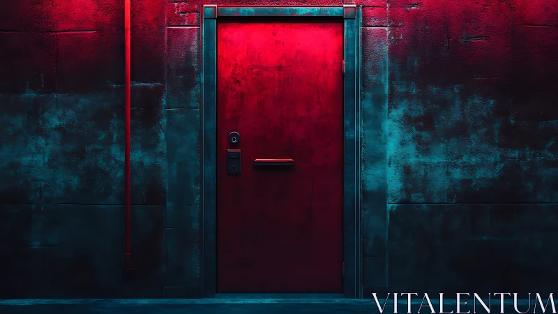 Neon red security door glows in a moody industrial alleyway.