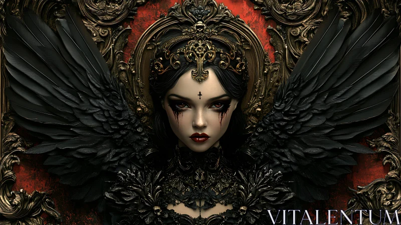 Gothic winged queen in ornate baroque frame of shadows.