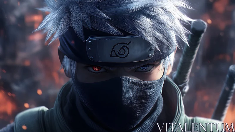 Calm masked warrior with silver hair and blazing gaze.
