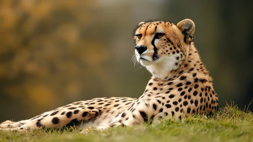 Cheetah rests on grassy rise under warm blurred background