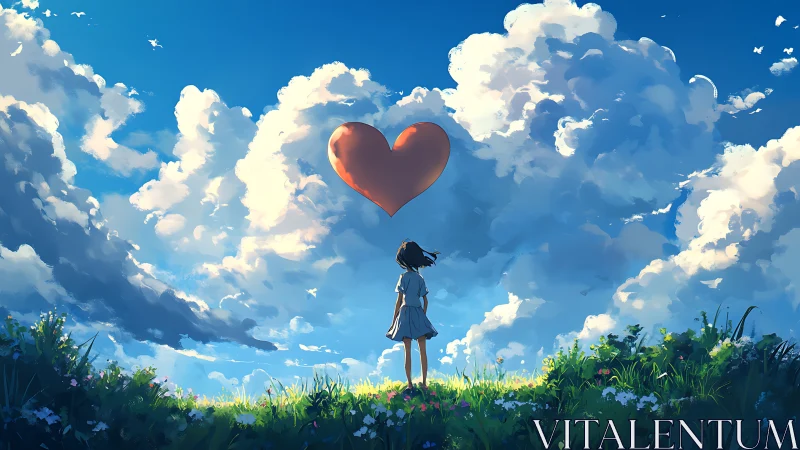 Girl observes floating heart balloon against dense cloudscape