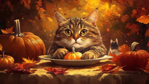 Tabby Cat with Autumn Pumpkins and Seasonal Foliage.