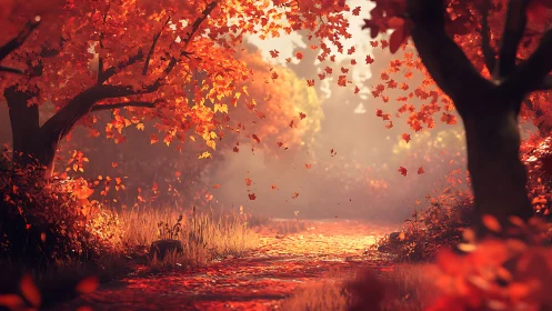 Autumn forest path rendered with volumetric light and depth of field