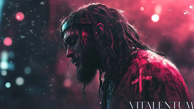 Brooding man in neon haze contemplates in crimson night glow