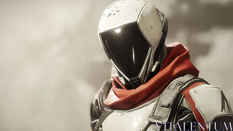 Armored sci‑fi sentinel in reflective visor and red scarf