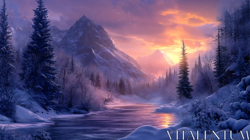 Winter sunrise river winding through violet-blue mountains.