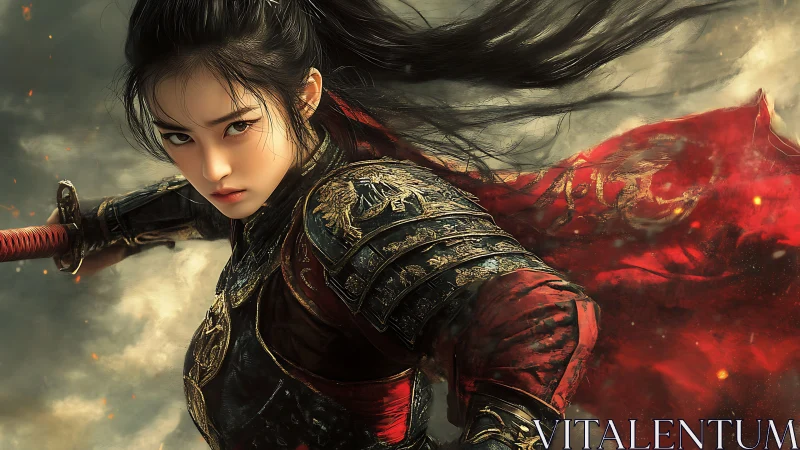 Digital painting of armored warrior woman with dynamic red cloak.