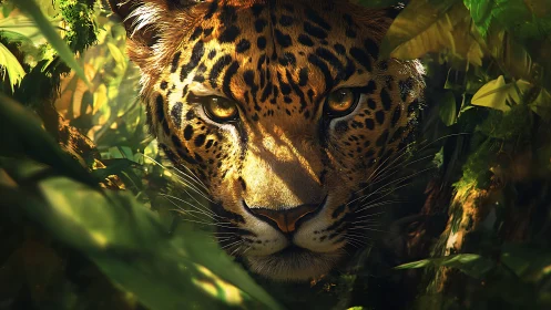 Leopard Emerges Through Jungle Foliage with Piercing Golden Eyes.