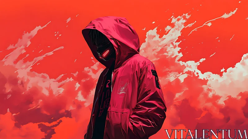 Hooded cyberpunk figure in red jacket against abstract sky