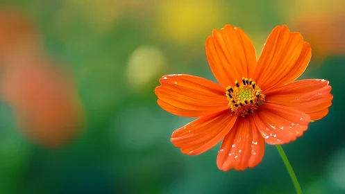 Bright orange garden flower opens gently against soft green