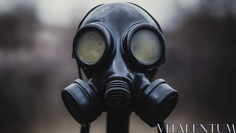 Close-up view of black gas mask against blurred background.