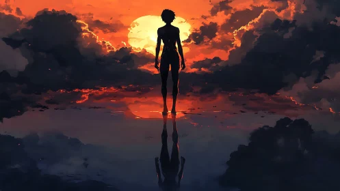 Silhouetted figure before sunset over reflective water surface.