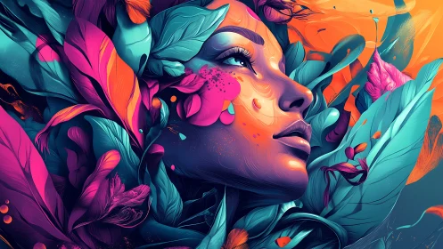 Floral neon portrait merges human face with vivid nature bloom.