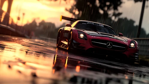 Sunlit rain racing with a red Mercedes slicing the track.