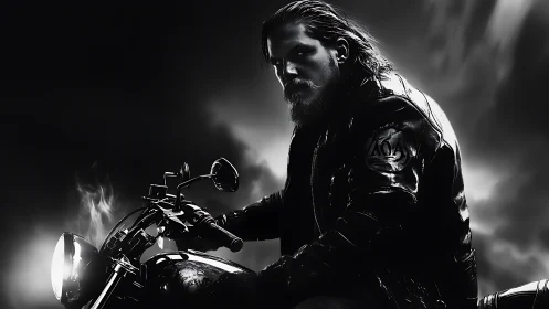 Storm-eyed biker carving midnight thunder on chrome steel.