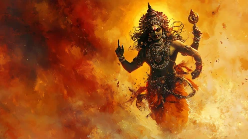 Fiery goddess strides through swirling embers of dawn.