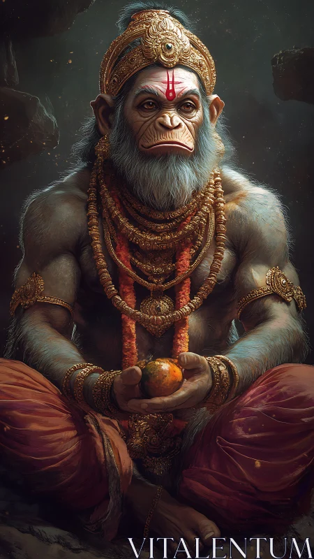 Mythic monkey-headed figure sits cross-legged holding fruit