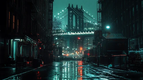 Rain-soaked urban corridor with bridge portal under teal neon haze