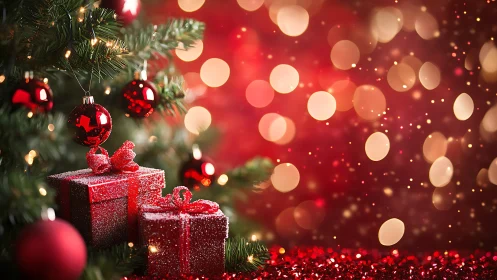 Cozy red Christmas tree gifts glowing with holiday magic.
