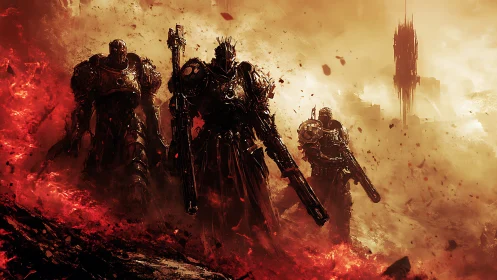 Armored war mechs advance through infernal battlefield haze