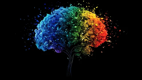 Digital rainbow tree exploding into vibrant color shards.