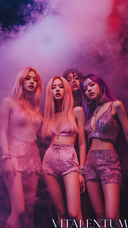 Four women in pink outfits within dense colored stage smoke.