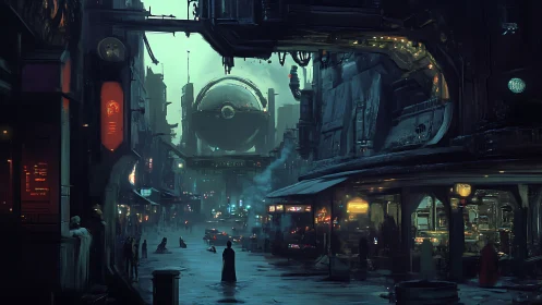 Cyberpunk transit concourse with levitating spherical shuttle.