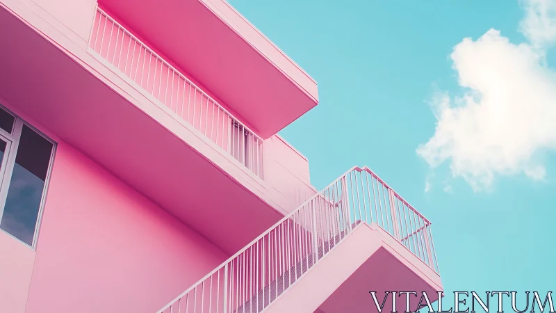 Pink balconies rising gently into a calm blue sky.
