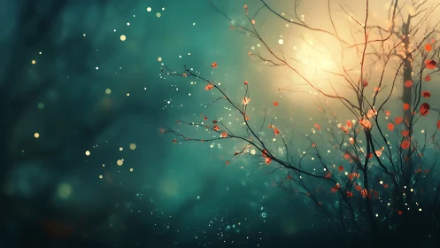 Glowing forest branches scatter red leaves through dreamy light