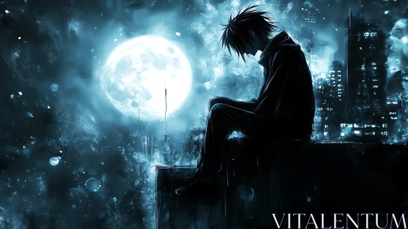 Moonlit rooftop solitude in a midnight blue cityscape.