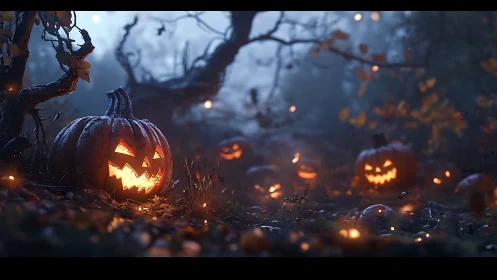 Carved jack o lanterns illuminated in foggy forest clearing.