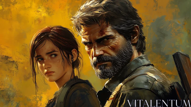 Two armed figures in profile against textured yellow ground.