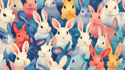 Colorful rabbit crowd forms dense pastel portrait wall