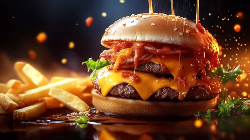 Cheeseburger with bacon, fries, and dripping sauce closeup.