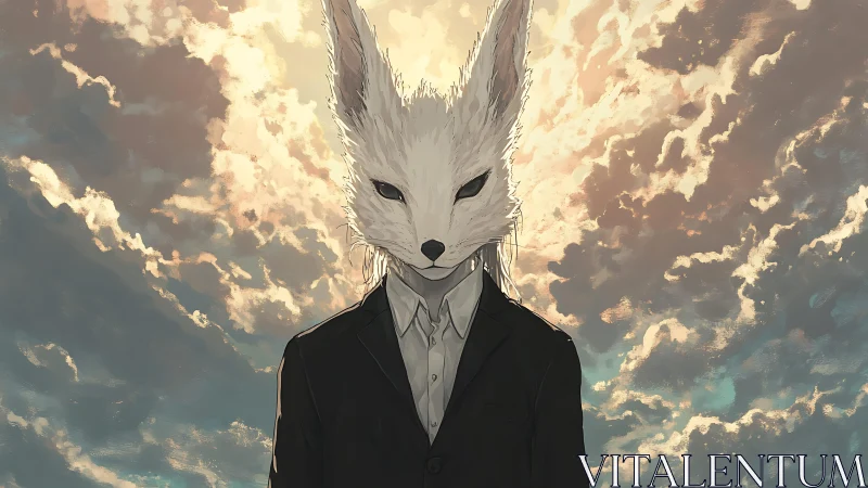 Fox-headed figure in suit against diffuse clouded sky.