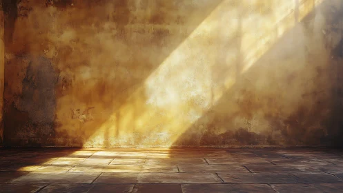 Golden sunlight cuts across a weathered rustic wall