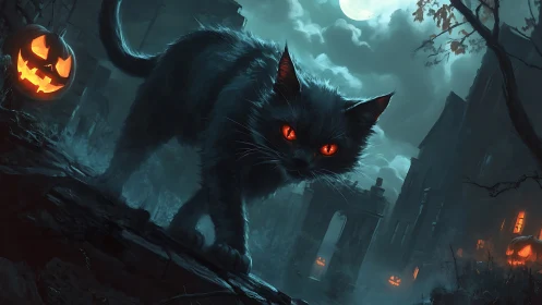 Black cat with glowing eyes in moonlit Halloween street.