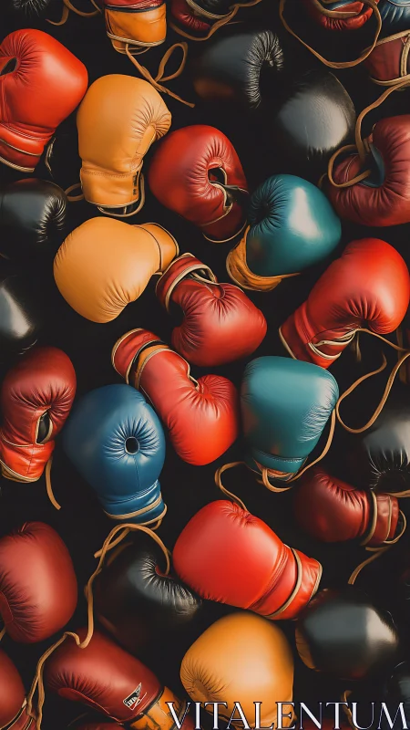 Colorful boxing gloves arranged on black background surface.