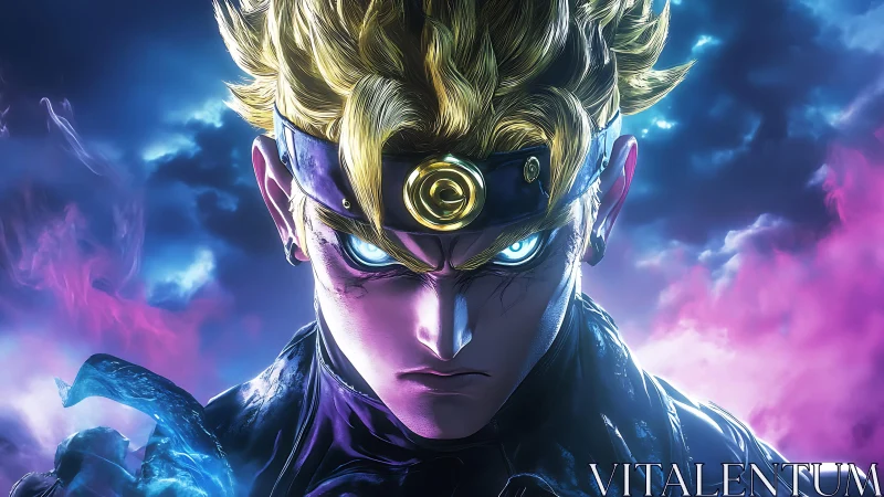 Stylized anime warrior rendered in intense neon lighting