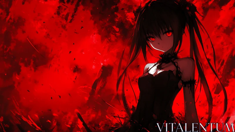 Dark anime heroine stands in chaotic red infernal backdrop