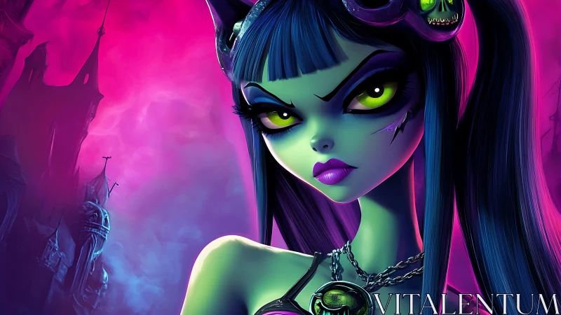 Midnight goth heroine holds a fierce yet playful gaze