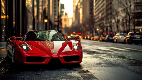 Red supercar glows warmly on a slick city street at dusk