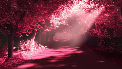 Rose-lit forest avenue where daylight wanders in petals.