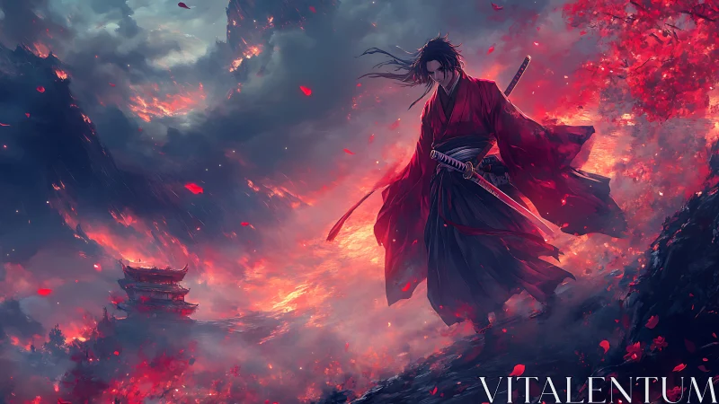 Samurai strides through burning petals and stormfire sky.