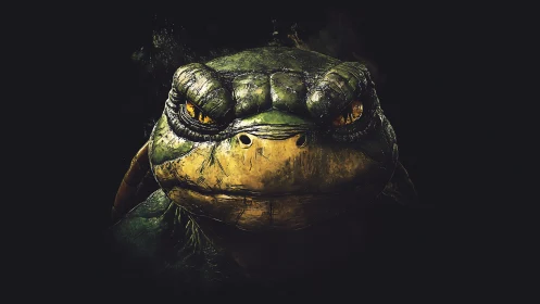 Close frontal view of stylized turtle head on dark background.